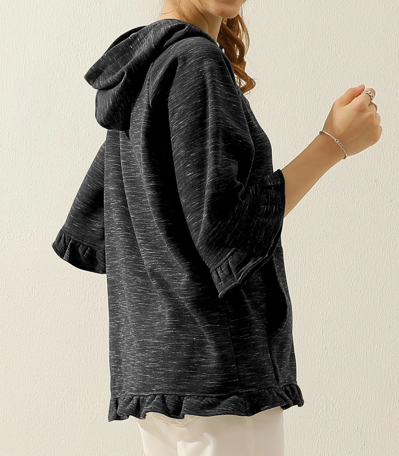 DOUBLJU 2 Pack Casual 3/4 Ruffled Sleeve Oversized Hoodie Sweatshirt Basic Loose Tops with Pocket Workout Sets for Women