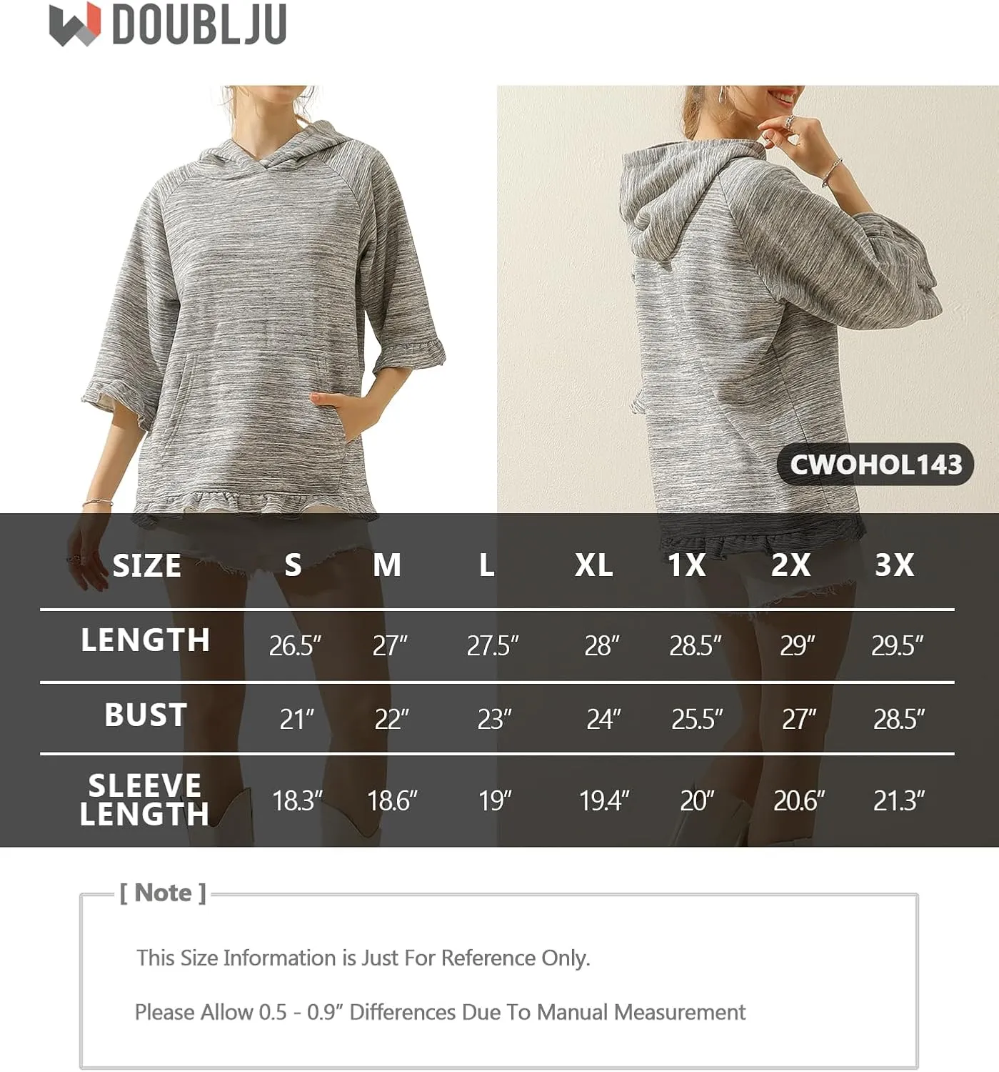 DOUBLJU 2 Pack Casual 3/4 Ruffled Sleeve Oversized Hoodie Sweatshirt Basic Loose Tops with Pocket Workout Sets for Women