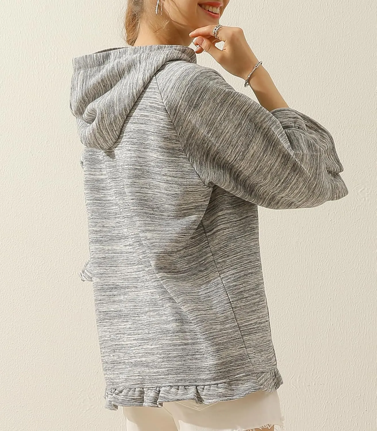 DOUBLJU 2 Pack Casual 3/4 Ruffled Sleeve Oversized Hoodie Sweatshirt Basic Loose Tops with Pocket Workout Sets for Women