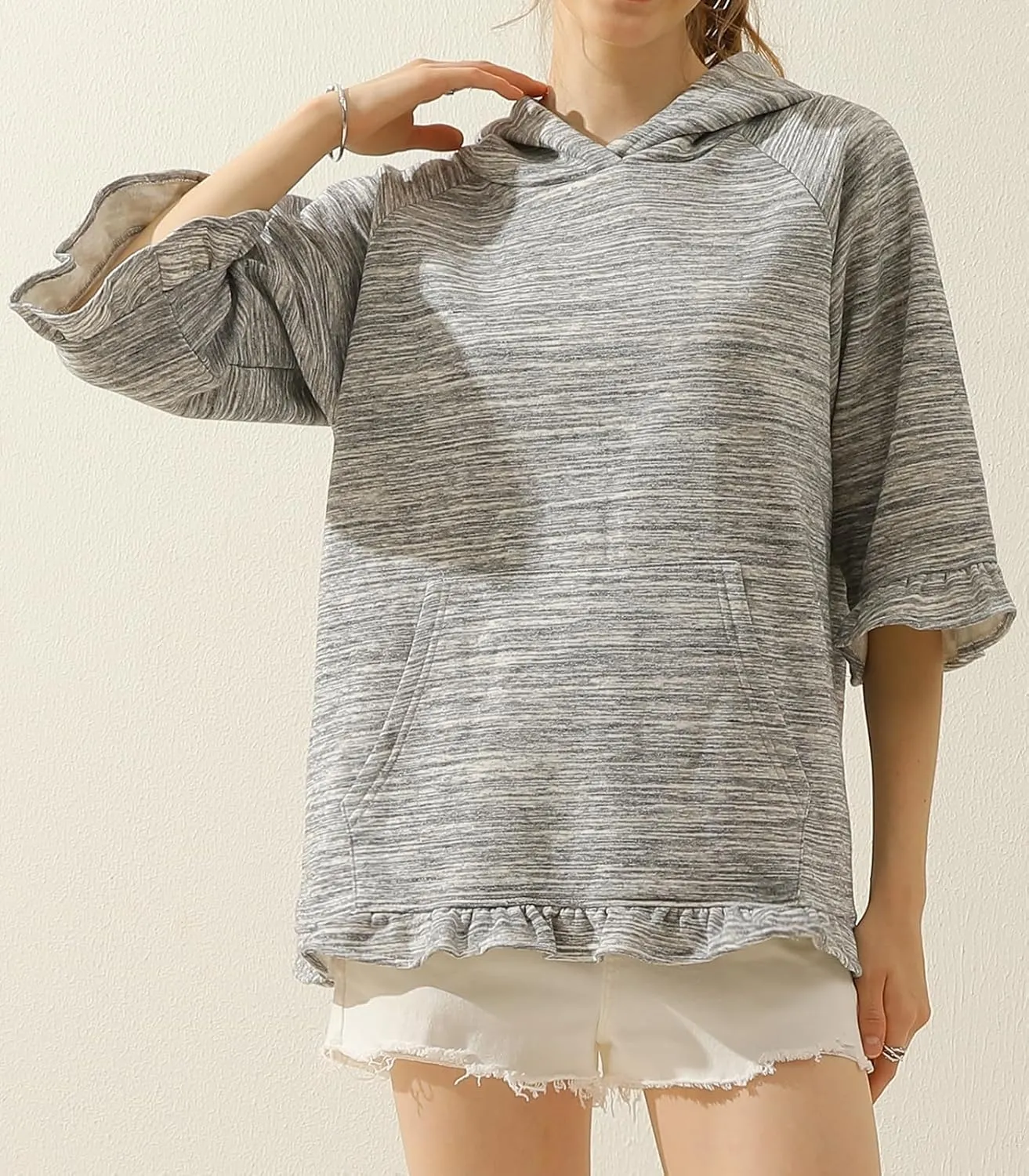 DOUBLJU 2 Pack Casual 3/4 Ruffled Sleeve Oversized Hoodie Sweatshirt Basic Loose Tops with Pocket Workout Sets for Women