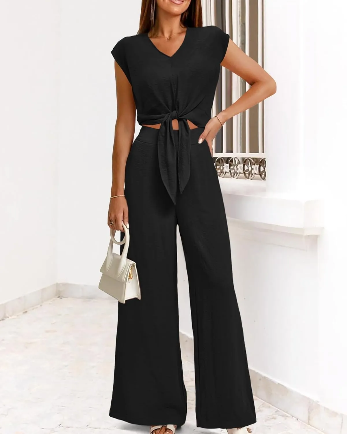 dowerme Women's Summer 2 Piece Outfits Cap Sleeve Strappy Crop Top Wide Leg Pant Sets Casual Tracksuit Lounge Wear 2025