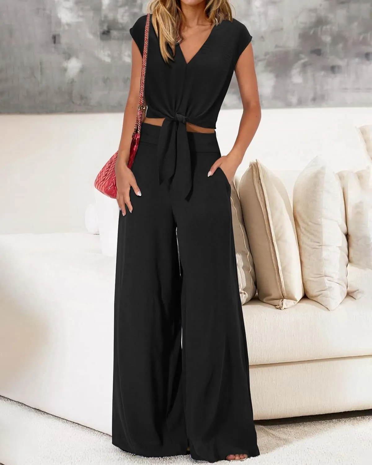 dowerme Women's Summer 2 Piece Outfits Cap Sleeve Strappy Crop Top Wide Leg Pant Sets Casual Tracksuit Lounge Wear 2025