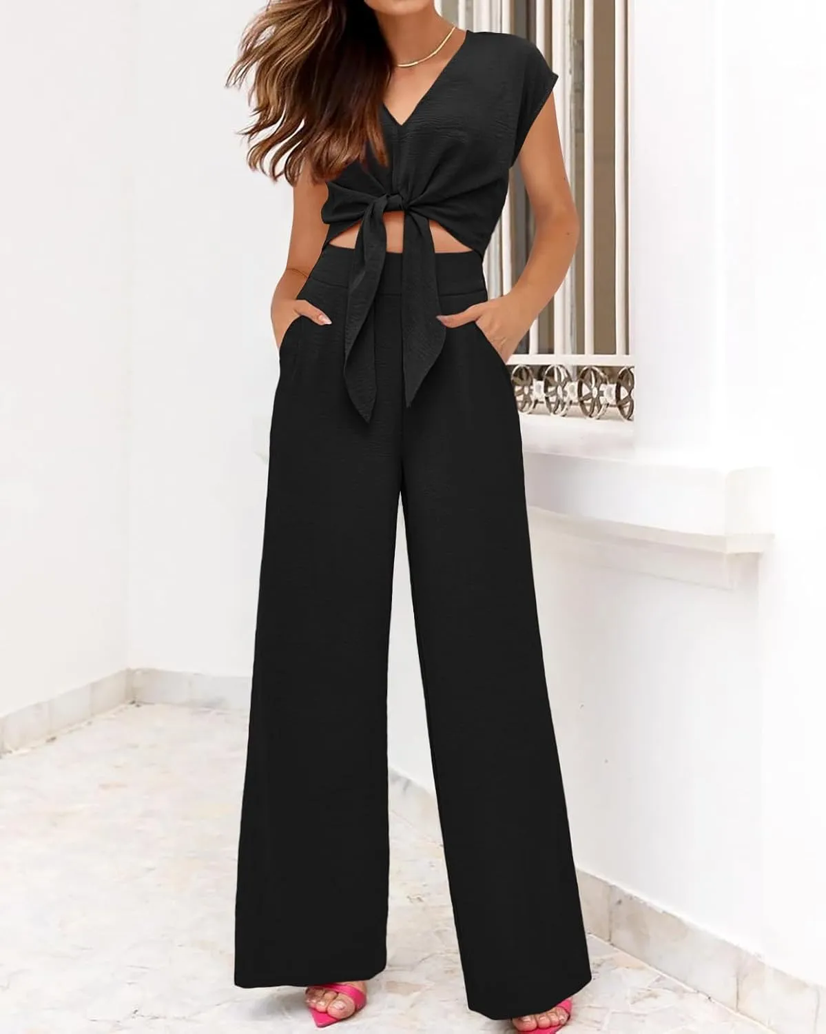 dowerme Women's Summer 2 Piece Outfits Cap Sleeve Strappy Crop Top Wide Leg Pant Sets Casual Tracksuit Lounge Wear 2025