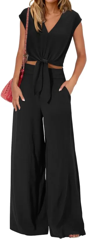 dowerme Women's Summer 2 Piece Outfits Cap Sleeve Strappy Crop Top Wide Leg Pant Sets Casual Tracksuit Lounge Wear 2025