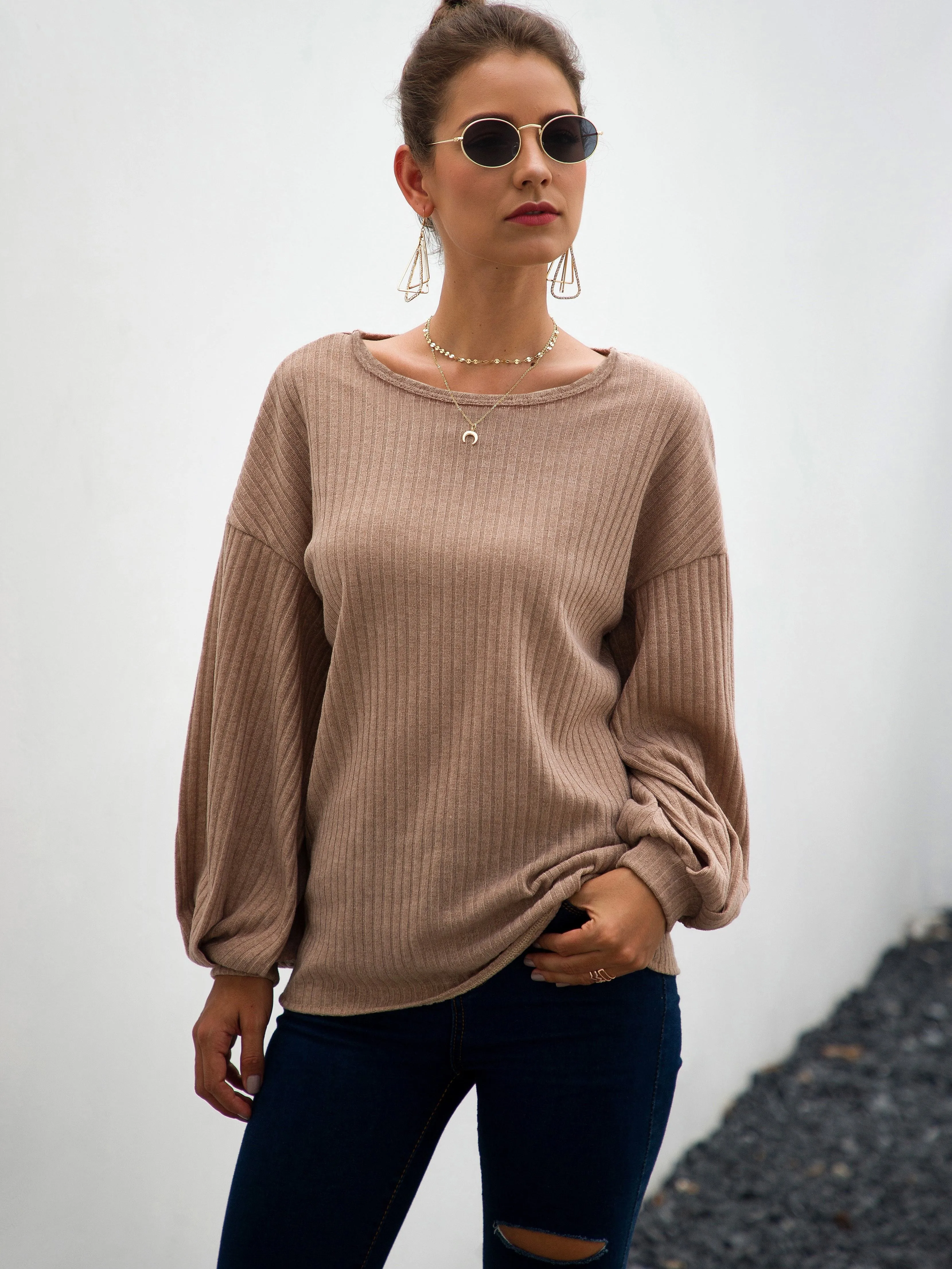 Drop Shoulder Ribbed Knit Top