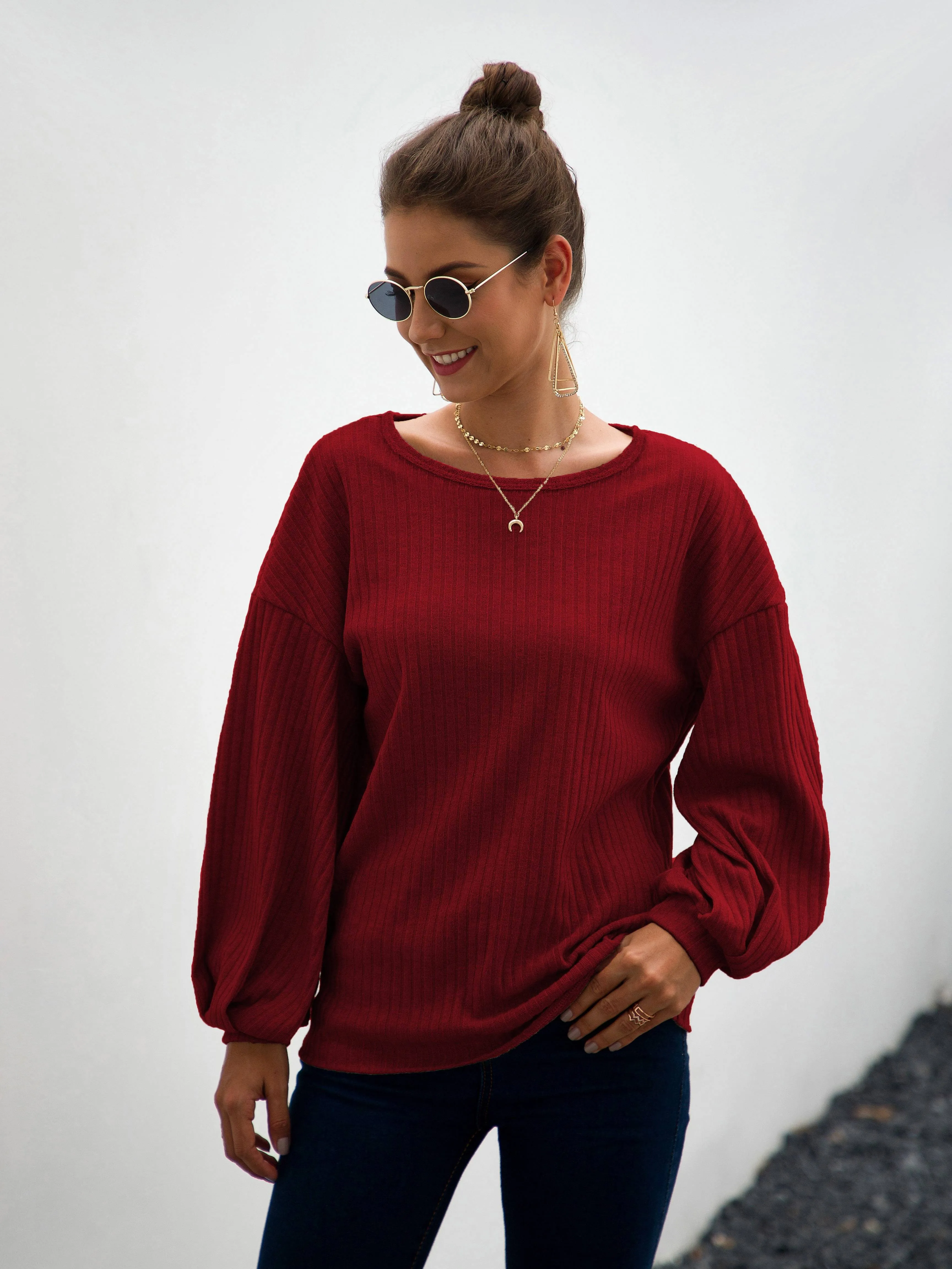 Drop Shoulder Ribbed Knit Top
