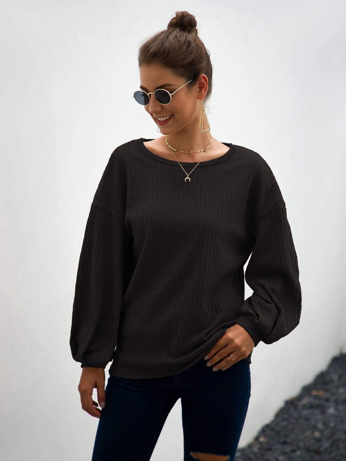 Drop Shoulder Ribbed Knit Top