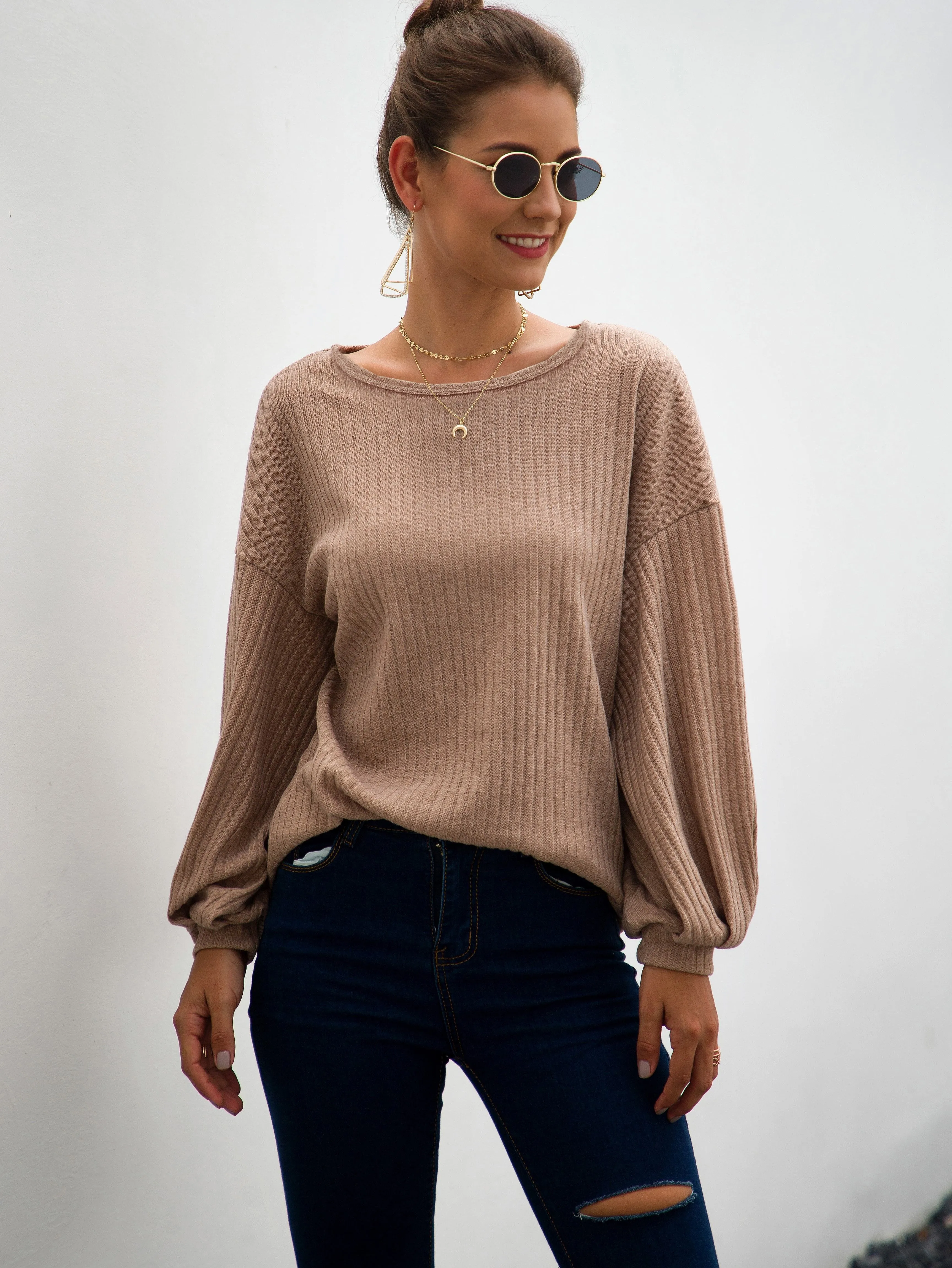 Drop Shoulder Ribbed Knit Top