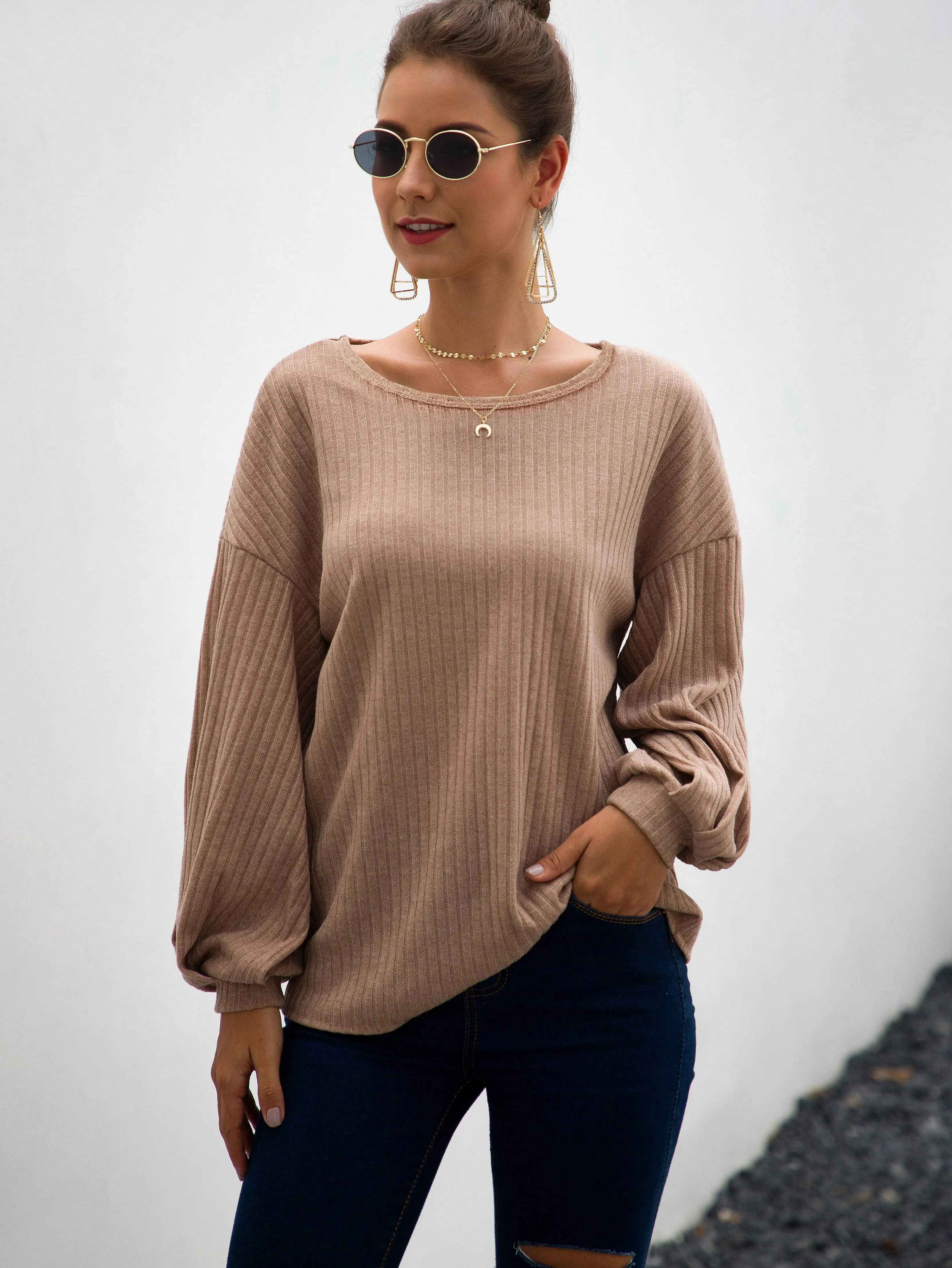Drop Shoulder Ribbed Knit Top
