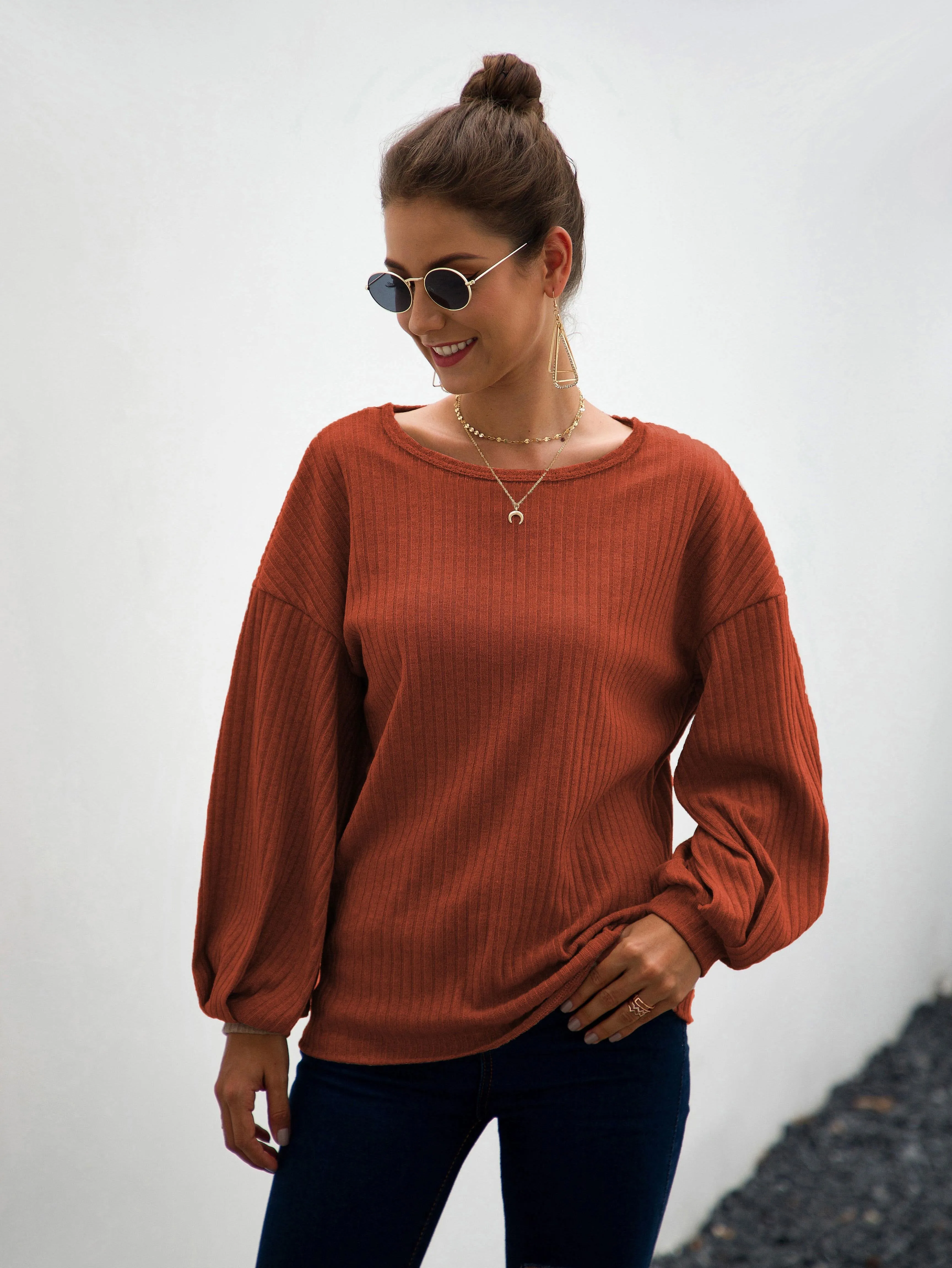 Drop Shoulder Ribbed Knit Top