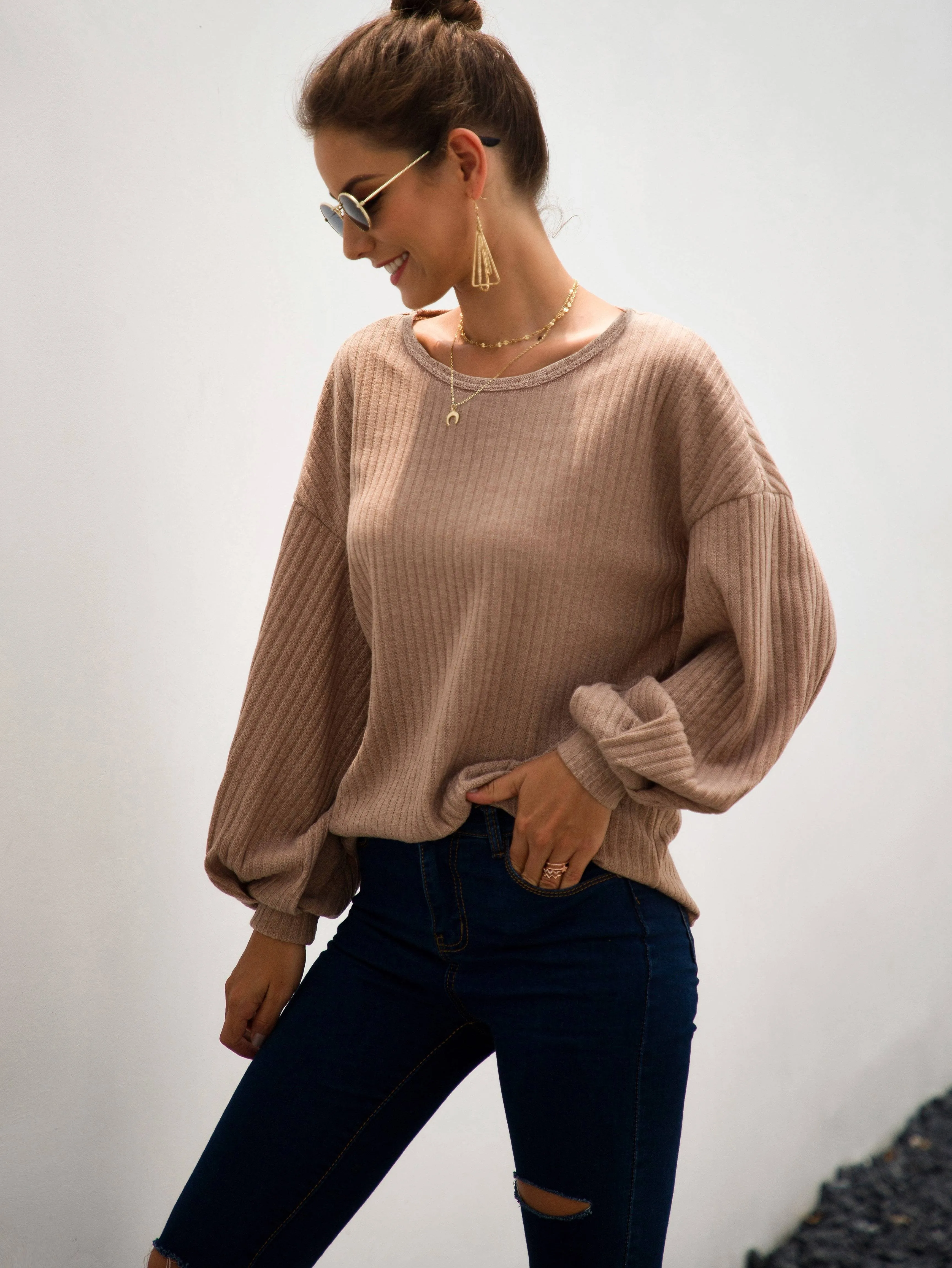 Drop Shoulder Ribbed Knit Top
