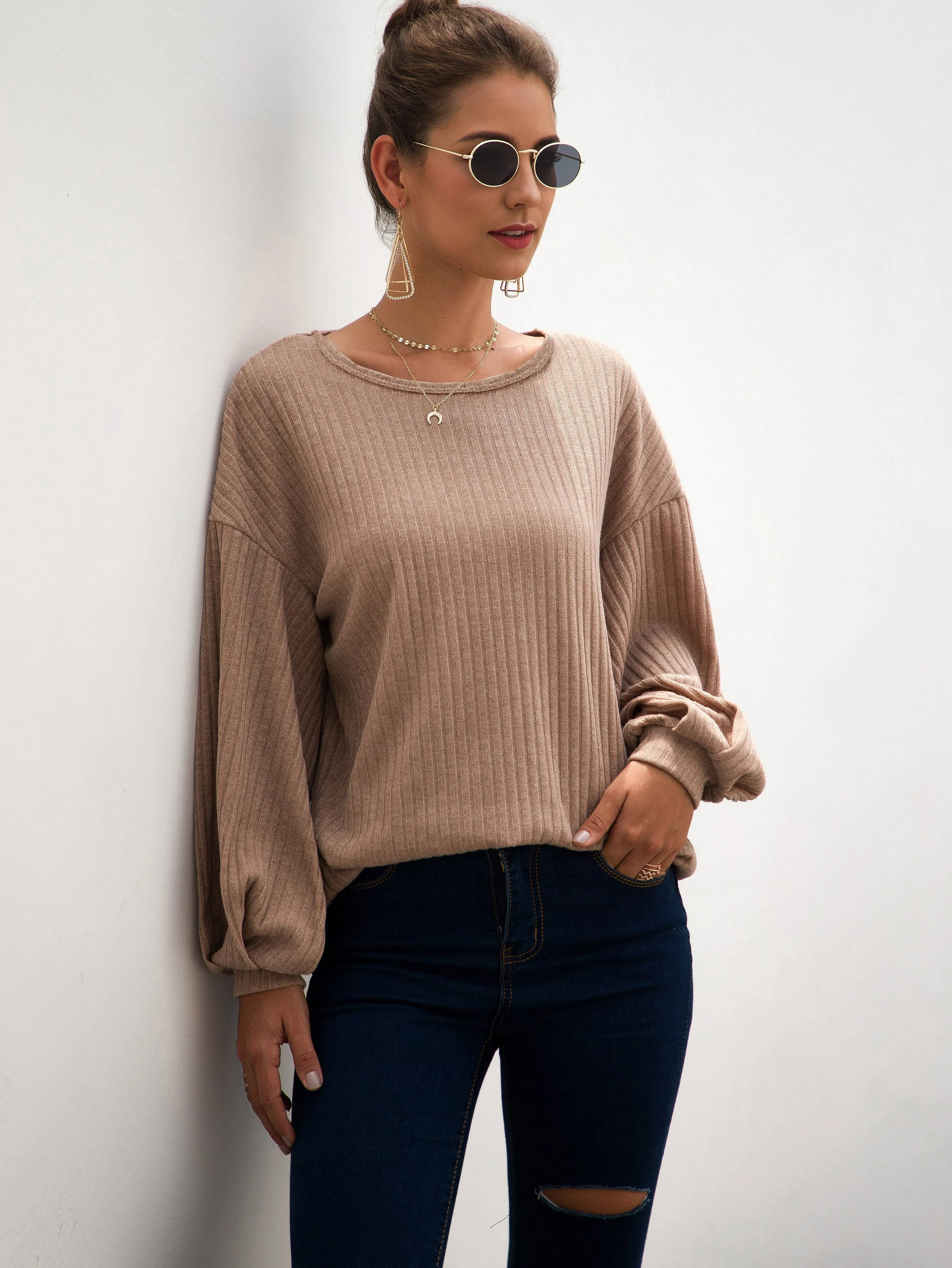 Drop Shoulder Ribbed Knit Top