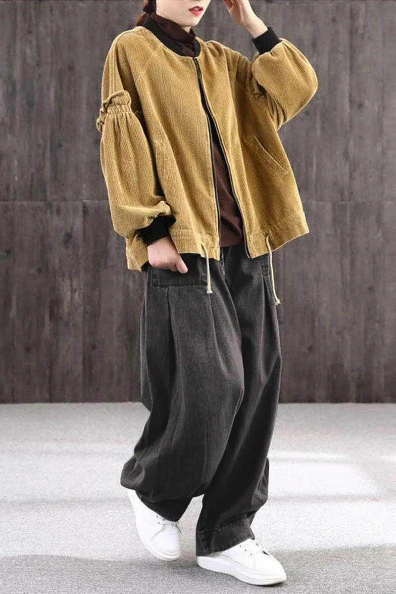 ebossy Women's Denim Harem Pants Elastic Waist Pleated Wide Leg Baggy Jeans