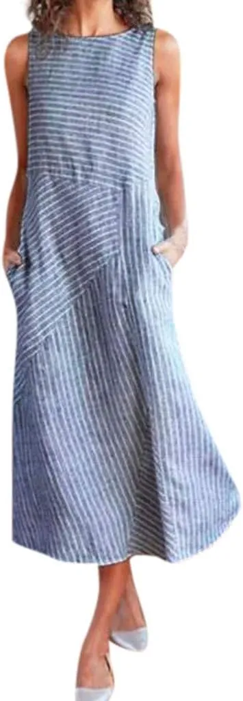 Eduavar Summer Dresses for Women 2024, Linen Dresses for Women 2024Italy Cotton Linen Dress Crewneck Sleeveless Flowy Dress