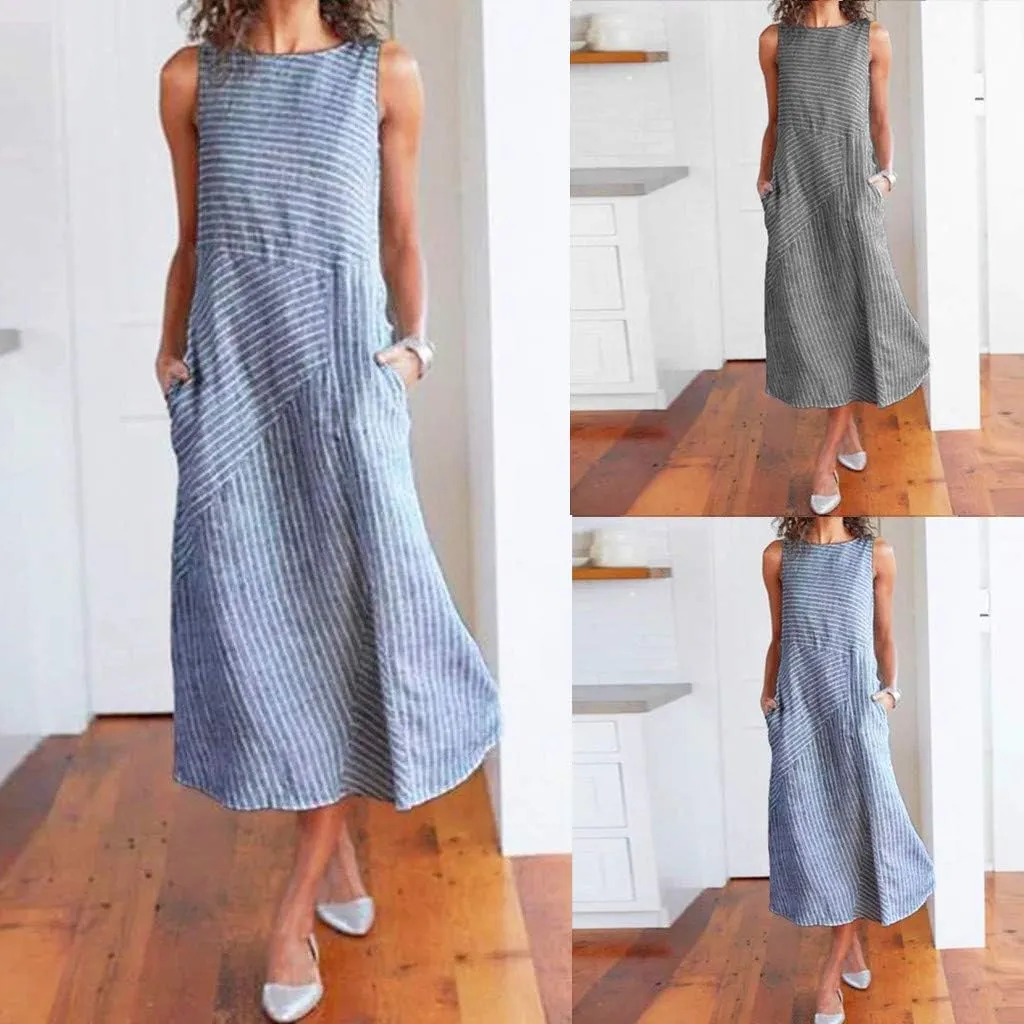 Eduavar Summer Dresses for Women 2024, Linen Dresses for Women 2024Italy Cotton Linen Dress Crewneck Sleeveless Flowy Dress