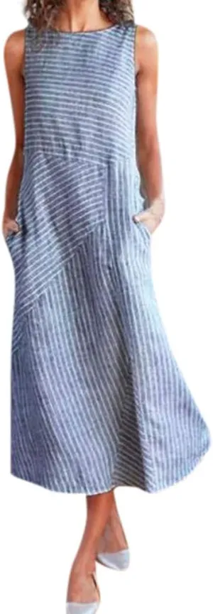 Eduavar Summer Dresses for Women 2024, Linen Dresses for Women 2024Italy Cotton Linen Dress Crewneck Sleeveless Flowy Dress