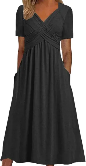 Eduavar Summer Dresses for Women, Maxi Dress for Women Dressy Elegant Short Sleeve V Neck Floral Dress with Drawstring