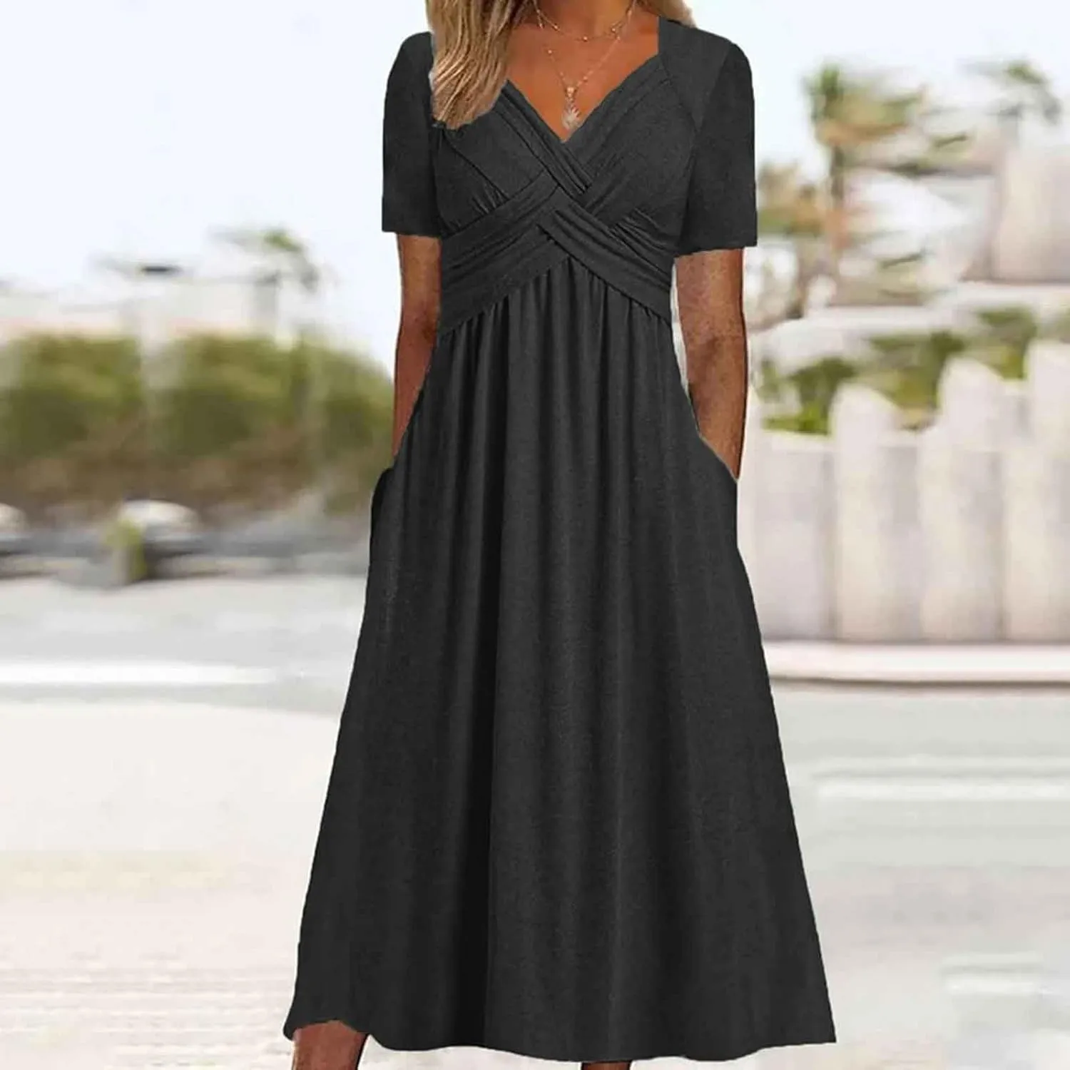 Eduavar Summer Dresses for Women, Maxi Dress for Women Dressy Elegant Short Sleeve V Neck Floral Dress with Drawstring