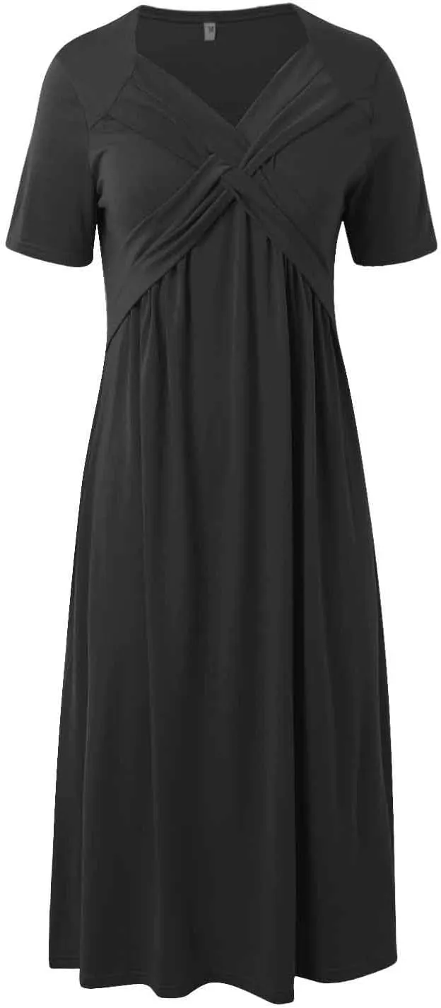 Eduavar Summer Dresses for Women, Maxi Dress for Women Dressy Elegant Short Sleeve V Neck Floral Dress with Drawstring