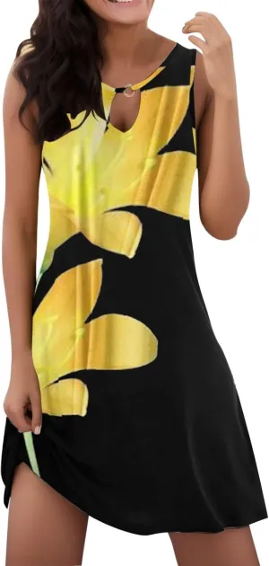 Eduavar Sundresses for Women 2024, Mini Dresses for Women Summer Floral Print Sexy Crew Neck Sleeveless Beach Mini Dress