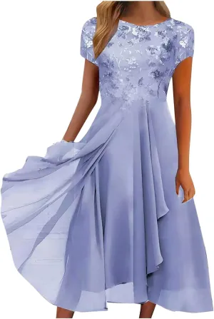 Elegant Embroidery Women Midi Dresses Summer Flowy Lace Cap Sleeve Dress 2025 Chiffon Plus Size Formal Evening Gowns