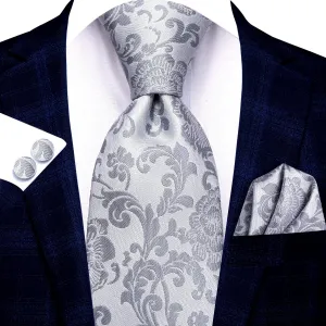 Elegant Silver Grey Floral Men's Necktie Set
