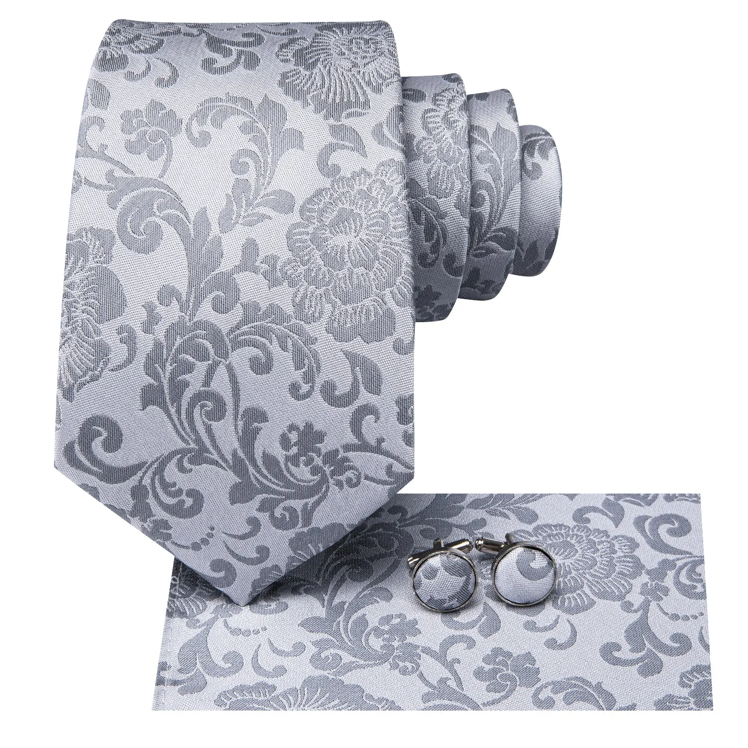Elegant Silver Grey Floral Men's Necktie Set