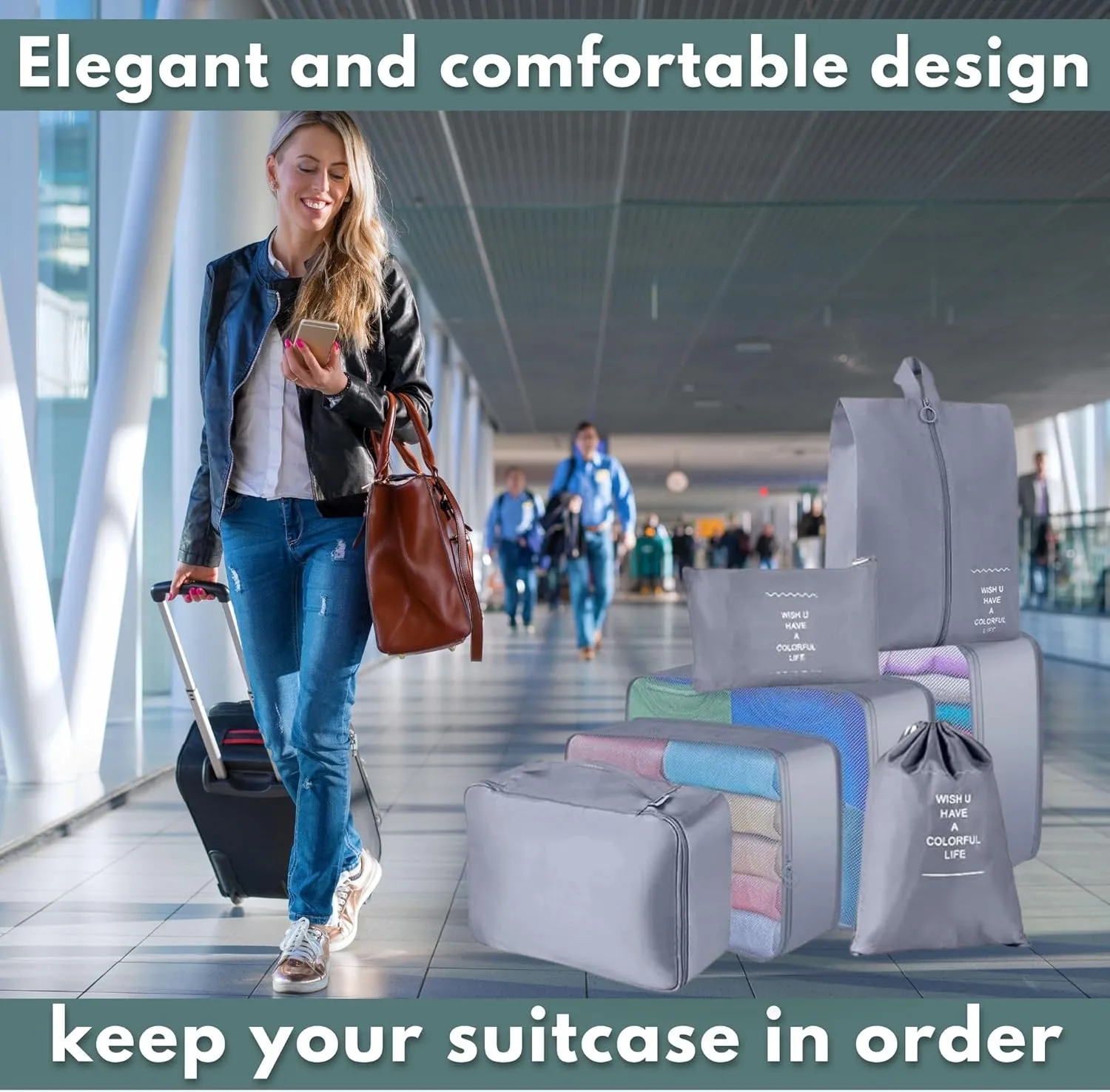 Ewise Shop - 7-Piece Set of Packing Cubes for Travel, Luggage, and Suitcases: Resistant and Waterproof Organizer Bags (Gray)