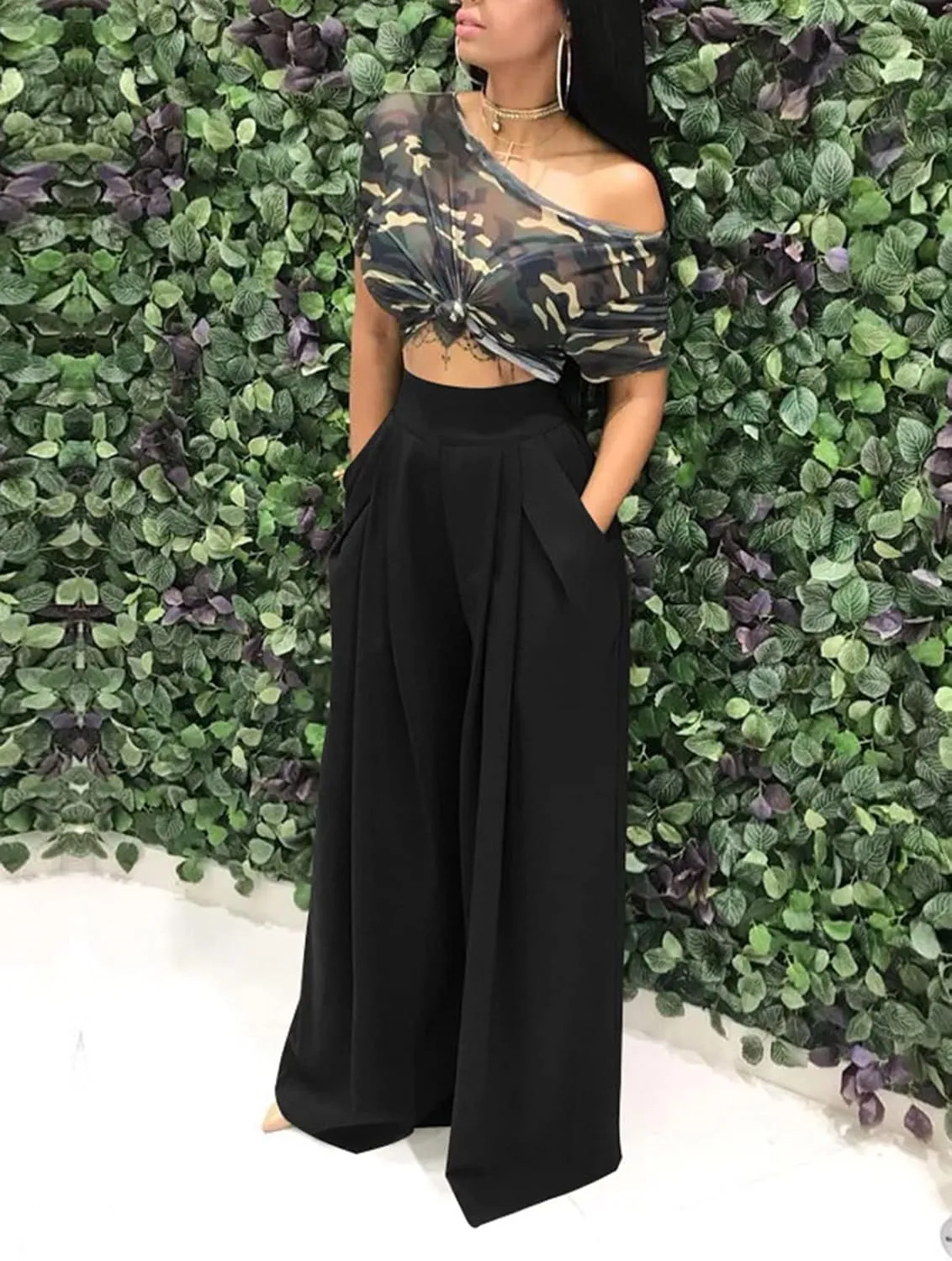 Famnbro Women's Solid Color Palazzo Pants High Waisted Long Wide Leg Trousers with Pockets Plus Size