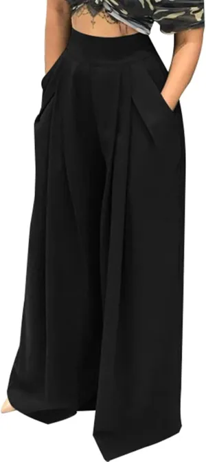 Famnbro Women's Solid Color Palazzo Pants High Waisted Long Wide Leg Trousers with Pockets Plus Size