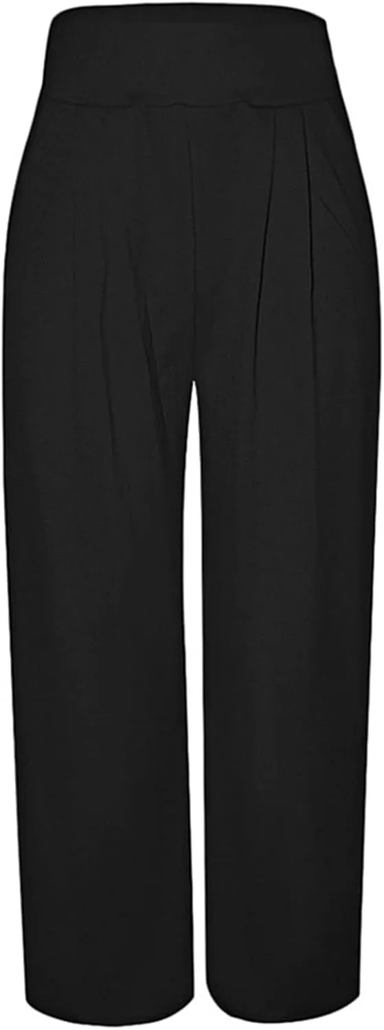 Famnbro Women's Solid Color Palazzo Pants High Waisted Long Wide Leg Trousers with Pockets Plus Size