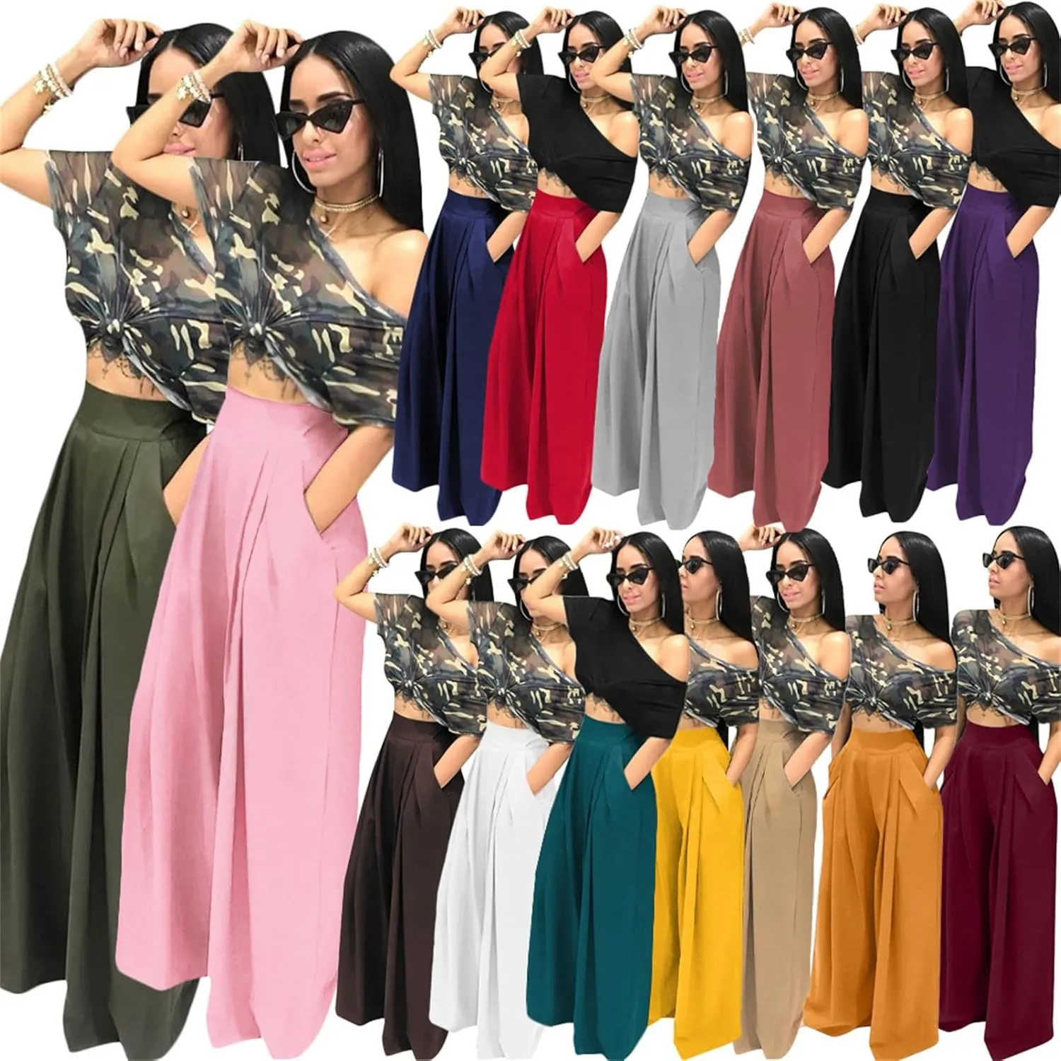 Famnbro Women's Solid Color Palazzo Pants High Waisted Long Wide Leg Trousers with Pockets Plus Size
