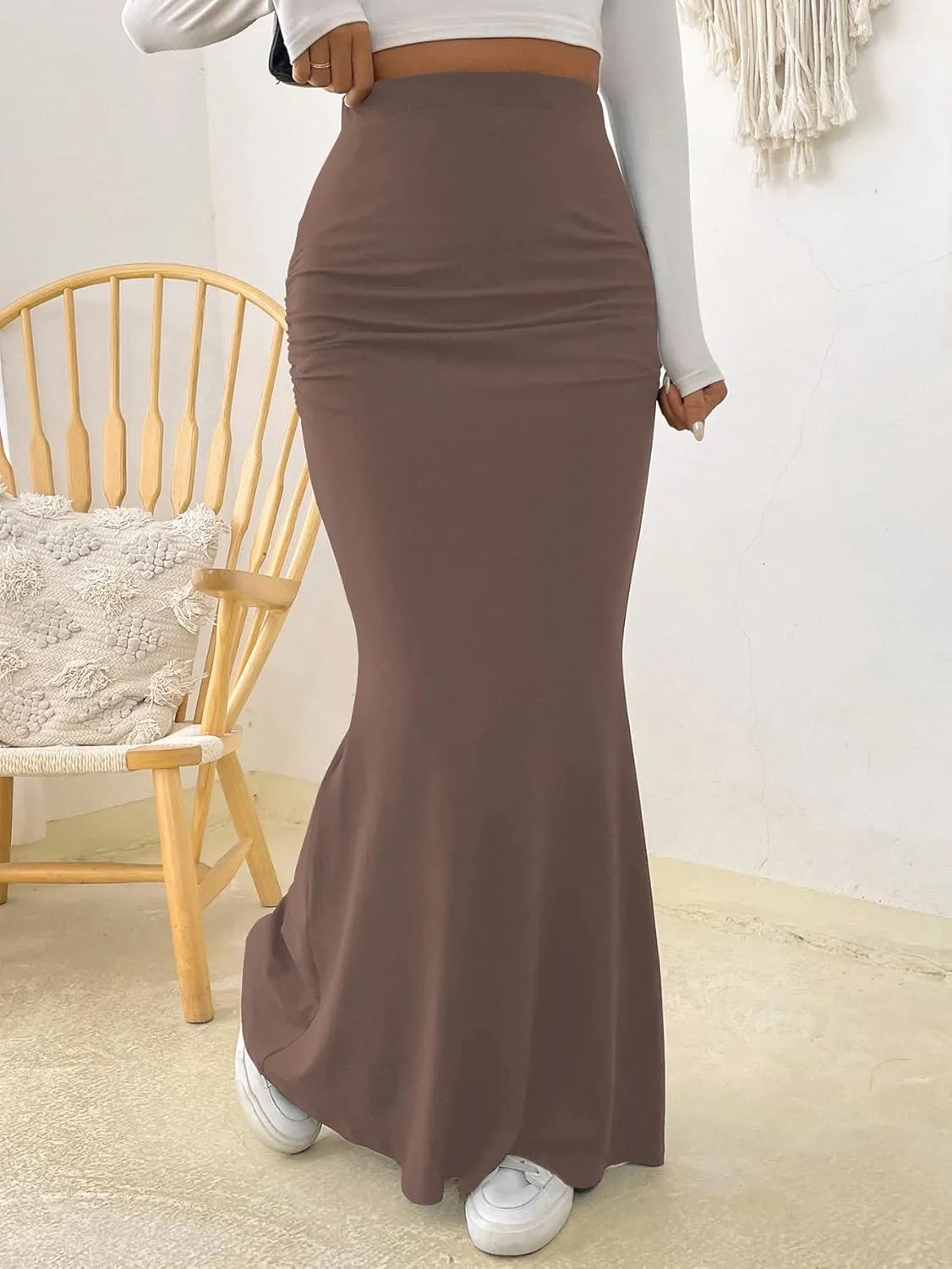 Fashionable Skirt - Pure Color Fish Tail Midi Skirt with Elastic Waist and Pleated Details