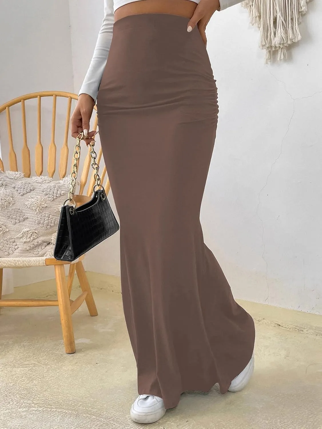 Fashionable Skirt - Pure Color Fish Tail Midi Skirt with Elastic Waist and Pleated Details