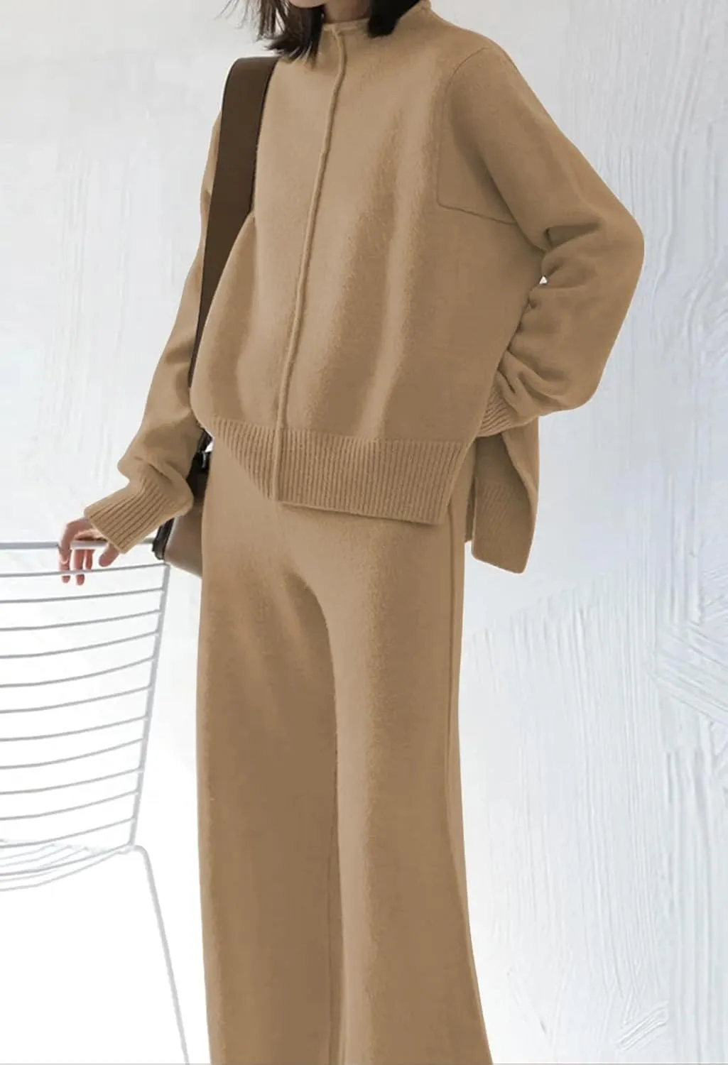 Fixmatti Women Knit Sweatsuit Turtleneck Sweater Top and Wide Leg Pant 2 Piece Outfits