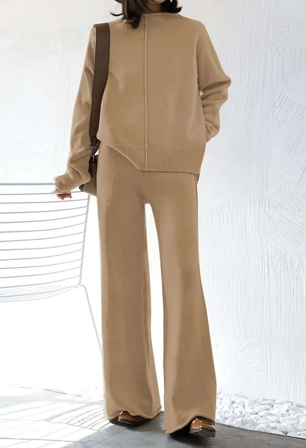 Fixmatti Women Knit Sweatsuit Turtleneck Sweater Top and Wide Leg Pant 2 Piece Outfits