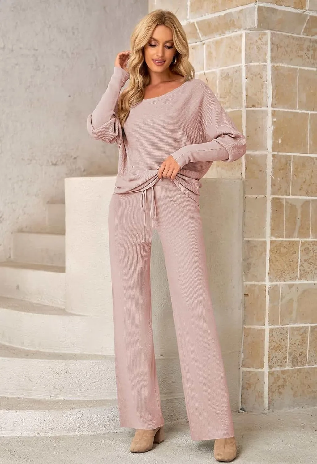 Fixmatti Womens Knitted Outfits 2 Pieces Sweatsuit High Neck Sweater Wide Leg Pant Set
