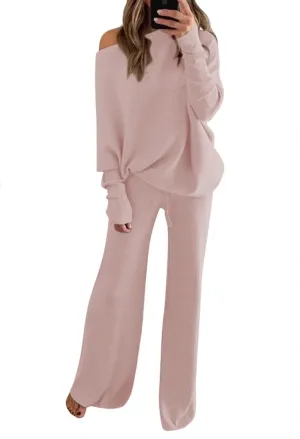 Fixmatti Womens Knitted Outfits 2 Pieces Sweatsuit High Neck Sweater Wide Leg Pant Set