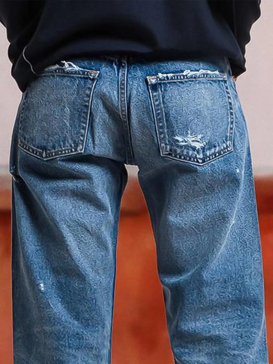 Flamingals Straight Leg Mid Rise Ripped Wash Raw Hem Casual Denim Bootcut Barrel Pants