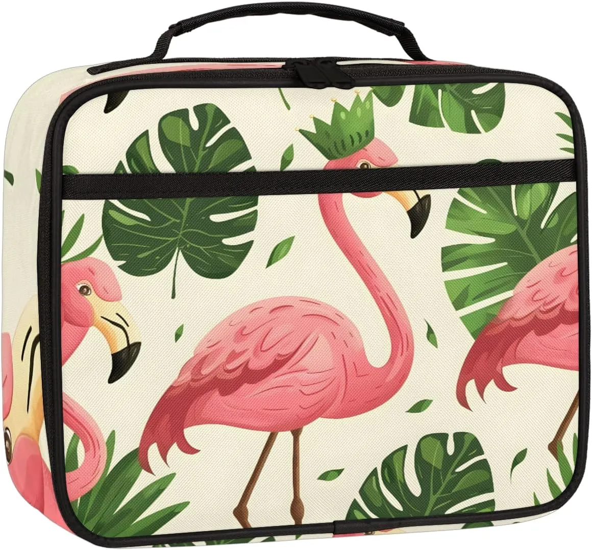 Flamingo Square Lunch Bag Tropical Leaves Square Tote Lunch Bag Reusable Lunch Box Leakproof Cooler Bag
