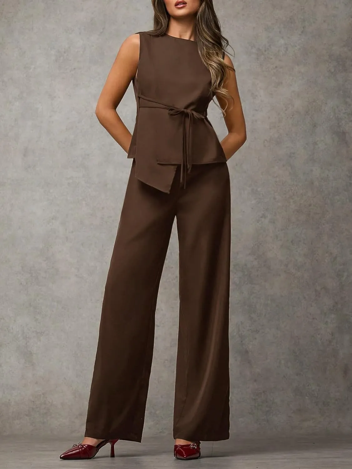 Floerns Women's 2 Piece Outfits Asymmetrical Hem Vest Blazer with Wide Leg Pants Set