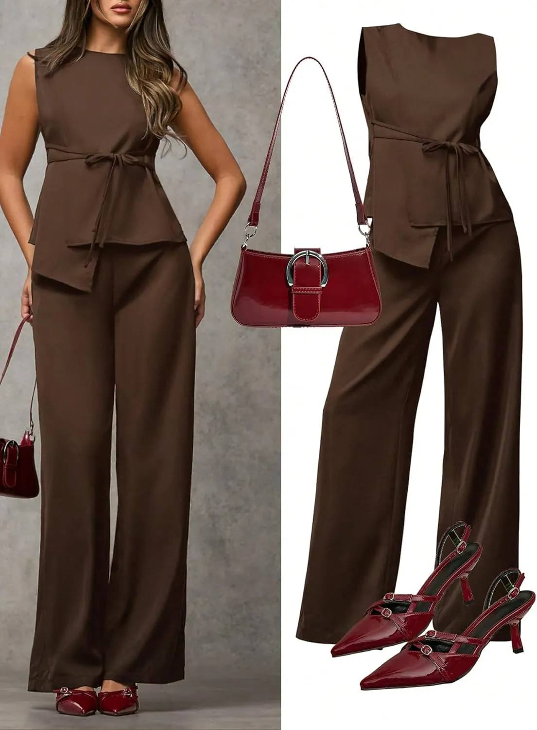 Floerns Women's 2 Piece Outfits Asymmetrical Hem Vest Blazer with Wide Leg Pants Set