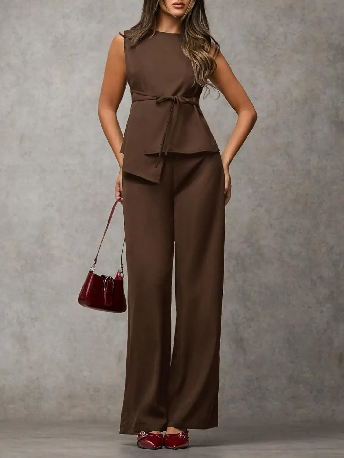 Floerns Women's 2 Piece Outfits Asymmetrical Hem Vest Blazer with Wide Leg Pants Set