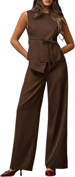 Floerns Women's 2 Piece Outfits Asymmetrical Hem Vest Blazer with Wide Leg Pants Set
