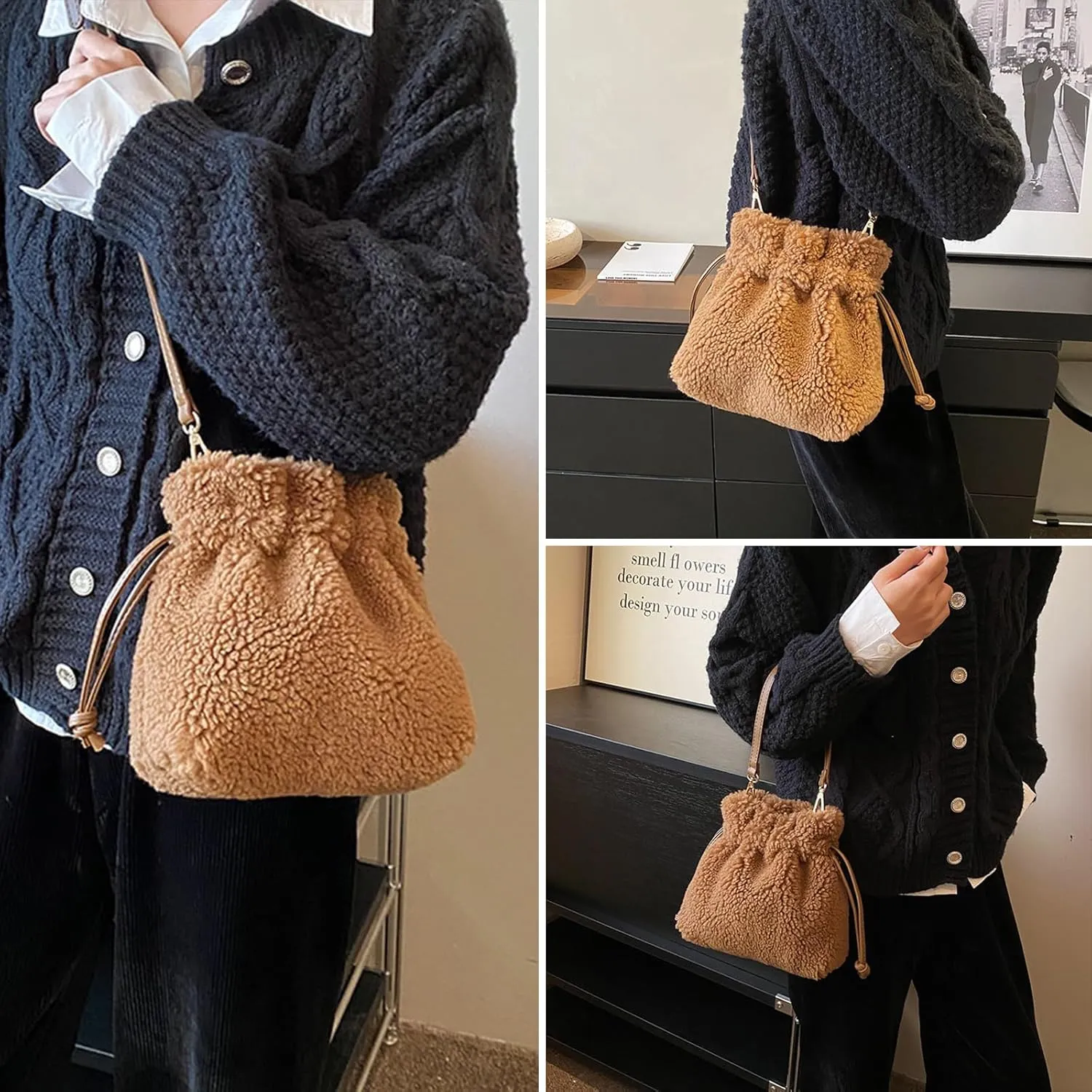 Fluffy Purse, Faux Fur Purses for Women Furry Crossbody Bucket Bags Fuzzy Shoulder Tote Bag