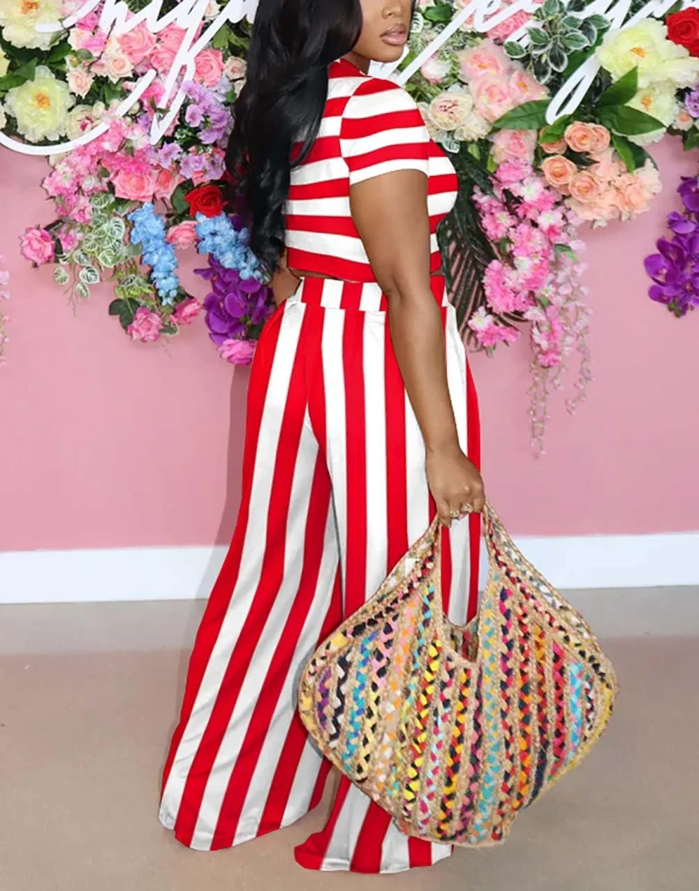 Fooullaide Summer Two Piece Outfit for Women Sexy Short Sleeve Crop Tops Sweatsuit High Waist Wide Leg Pant Set Jumpsuit