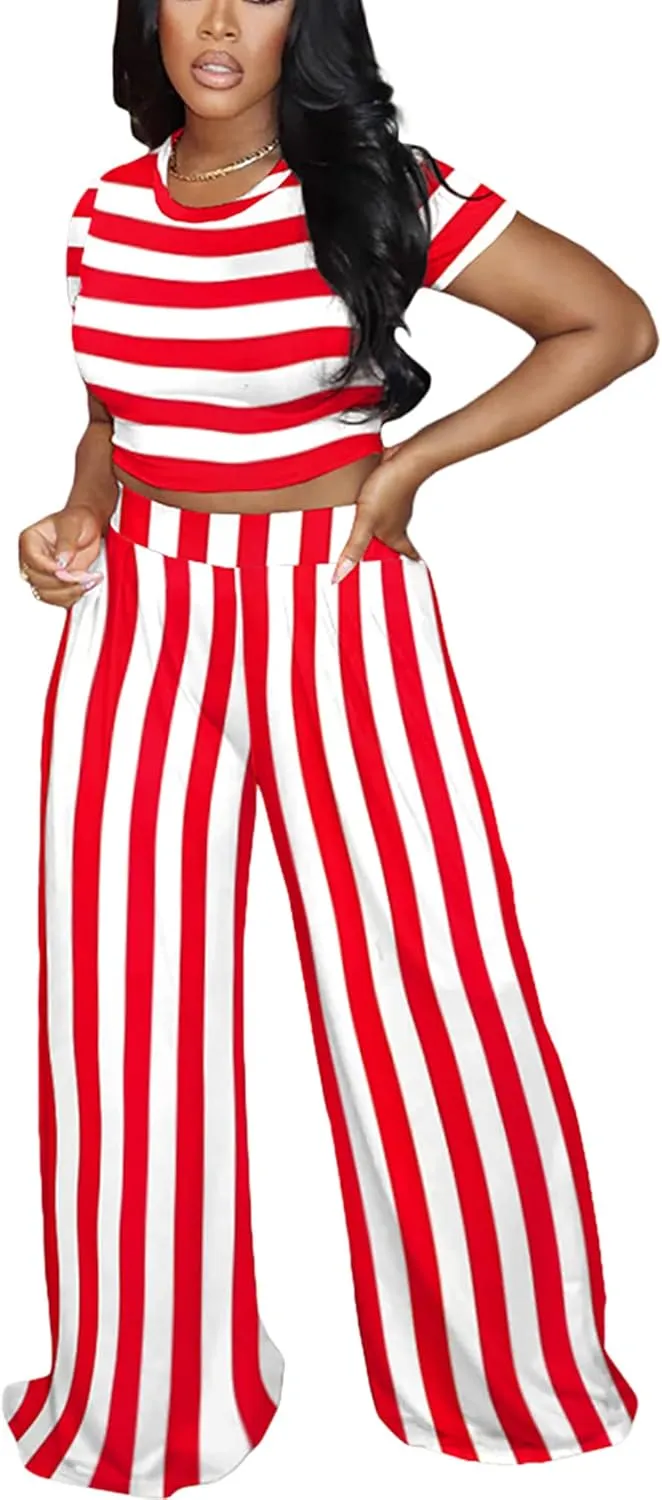 Fooullaide Summer Two Piece Outfit for Women Sexy Short Sleeve Crop Tops Sweatsuit High Waist Wide Leg Pant Set Jumpsuit