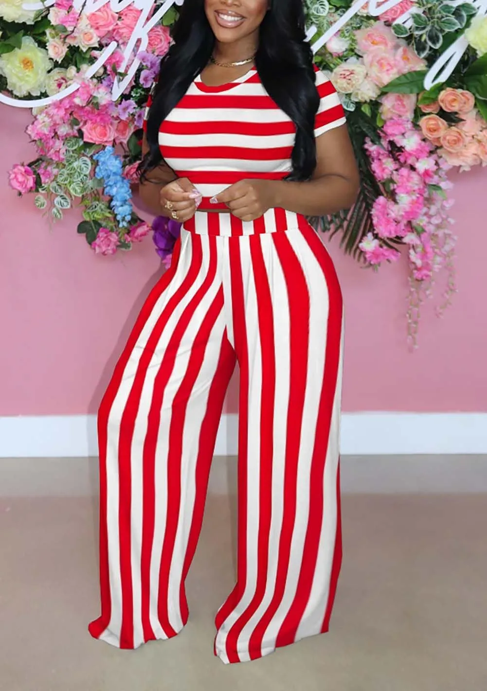 Fooullaide Summer Two Piece Outfit for Women Sexy Short Sleeve Crop Tops Sweatsuit High Waist Wide Leg Pant Set Jumpsuit