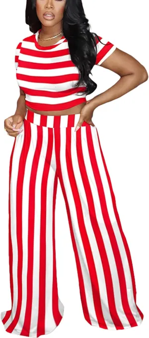 Fooullaide Summer Two Piece Outfit for Women Sexy Short Sleeve Crop Tops Sweatsuit High Waist Wide Leg Pant Set Jumpsuit