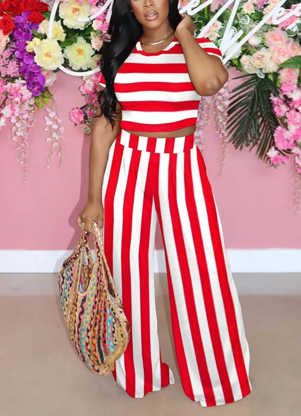 Fooullaide Summer Two Piece Outfit for Women Sexy Short Sleeve Crop Tops Sweatsuit High Waist Wide Leg Pant Set Jumpsuit